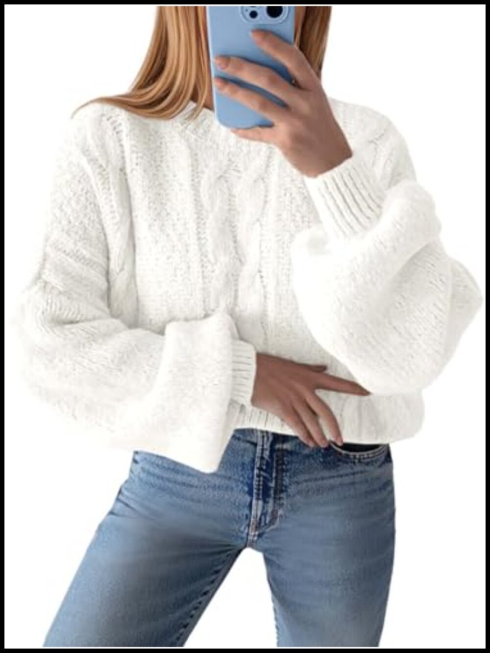 Oversized Cable Knit Pullover Sweater Long Sleeve Lantern Sleeve Drop Shoulder